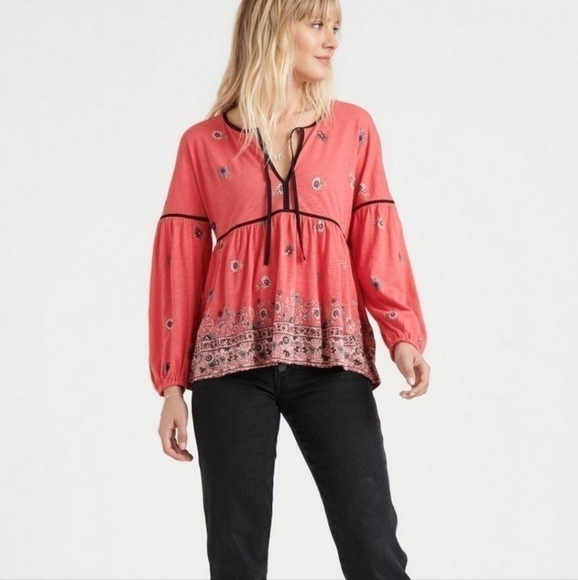 Lucky Brand Women's Medium Border Print Peasant top - Picture 1 of 9